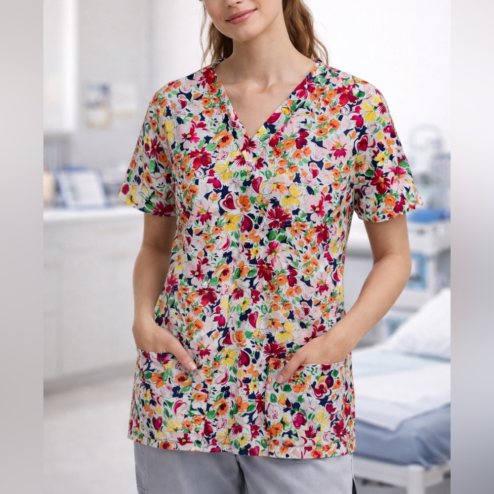 Crest Cotton Floral Scrub Top Cottage Garden Nurse‎ Medical Office Spring Vtg L